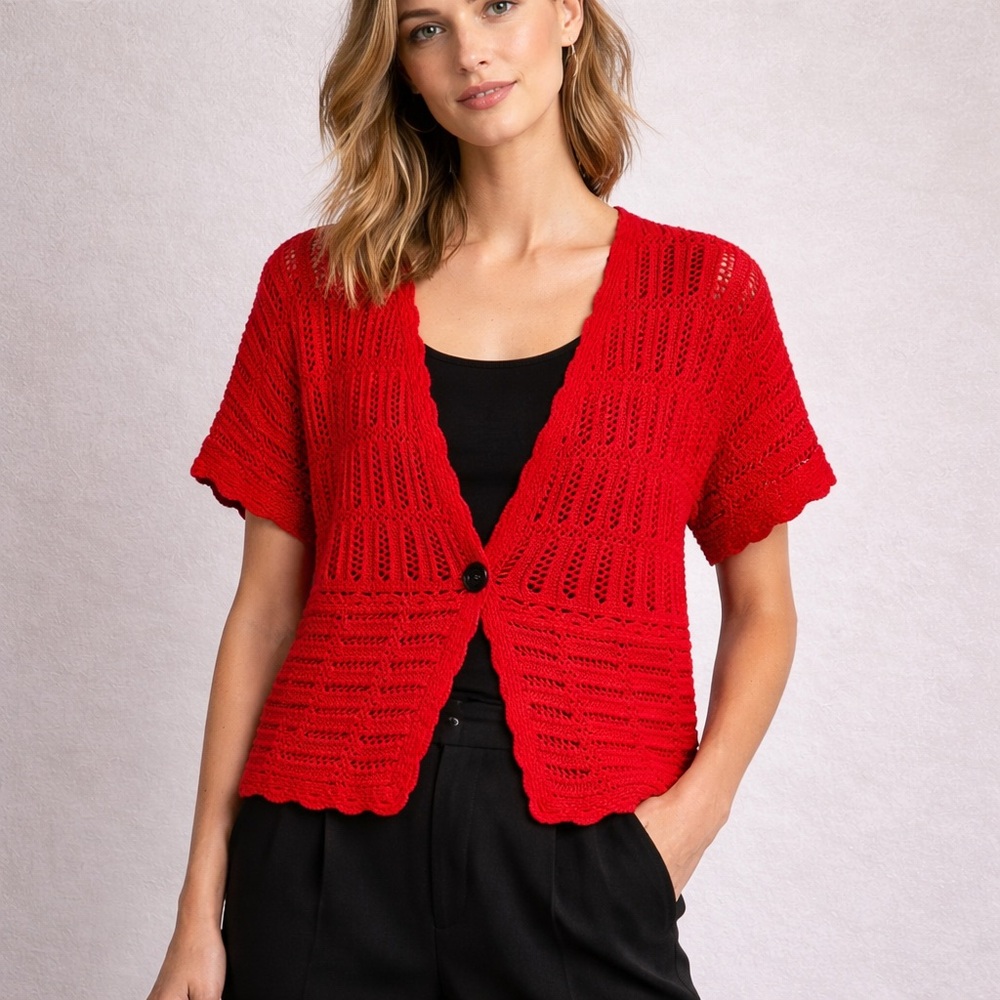 Jones New York Pointelle Cardigan Red Crochet Linen Knit Scalloped Small